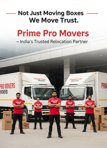 Prime Pro Movers team standing in front of branded trucks at the office