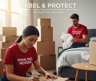 Red-uniform mover labeling Prime Pro Movers boxes in bedroom
