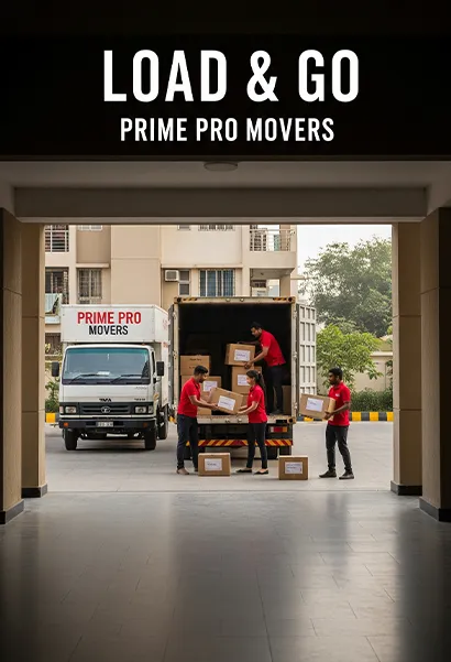 Team loading branded boxes into white Prime Pro Movers truck