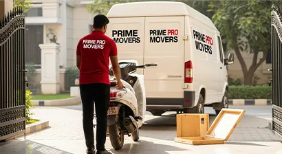 Mover collecting and preparing a bike for transport from a client’s home in a residential colony