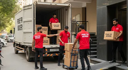 Movers shifting boxes from a high-rise apartment into a truck in Punjab during household relocation