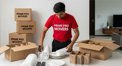 Mover packing fragile kitchen items with foam and dividers during household relocation in Punjab
