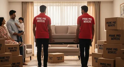 Family watching movers lift sofa and boxes during household relocation in Punjab apartment
