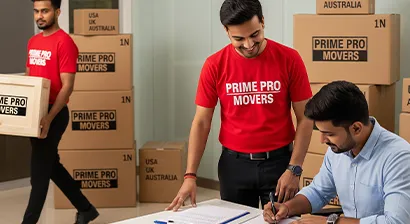 Mover assisting client with international shipping paperwork and documents before relocation