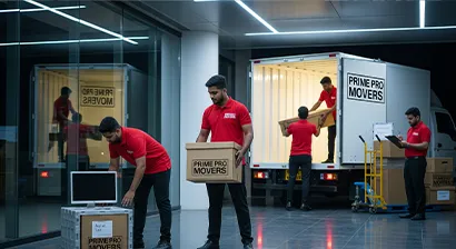 Office relocation at night with movers packing computers and boxes discreetly in a corporate building
