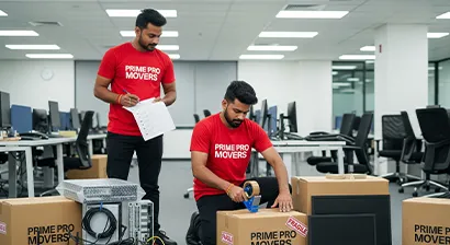 Office relocation team packing computer cables, routers, and tech devices with care in Punjab