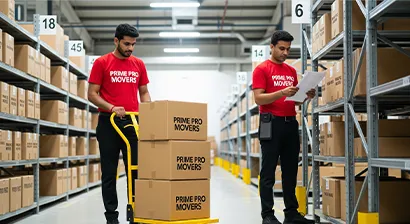 Organized indoor warehouse space with labeled shelves and workers sorting boxes in a clean storage facility