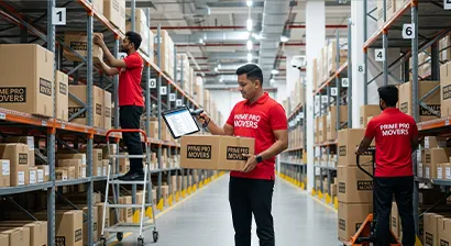 Warehouse supervisor auditing inventory while staff organize boxes inside clean, labeled storage racks