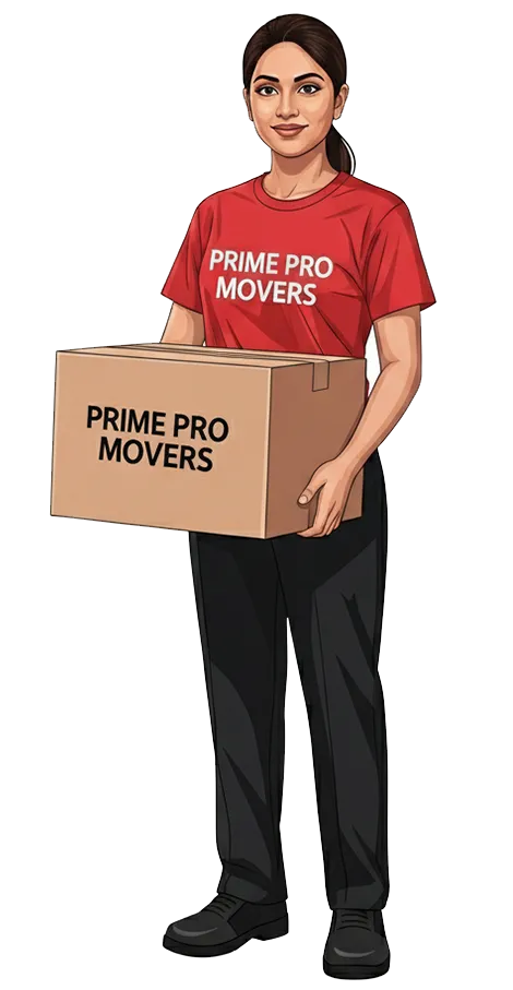 Illustration of a female Prime Pro Mover holding a labeled box