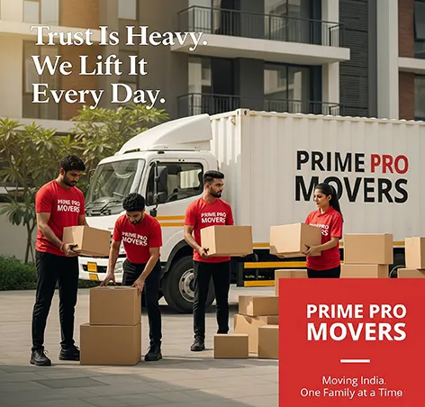 Prime Pro Movers team packing boxes and preparing for relocation beside a branded white truck
